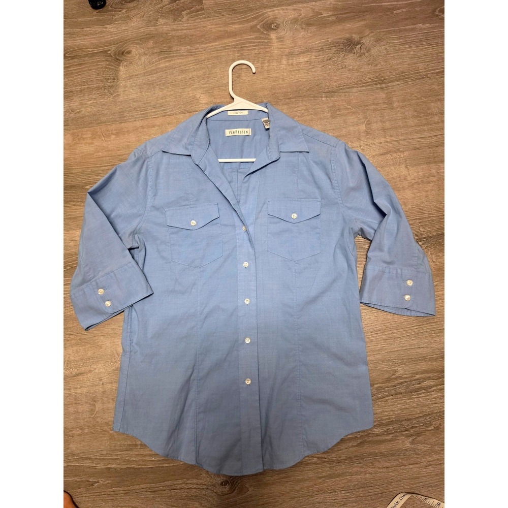 Van Heusen Womens Blue 3/4 Sleeve Wrinkle Free Stretch Button Down Shirt Size M